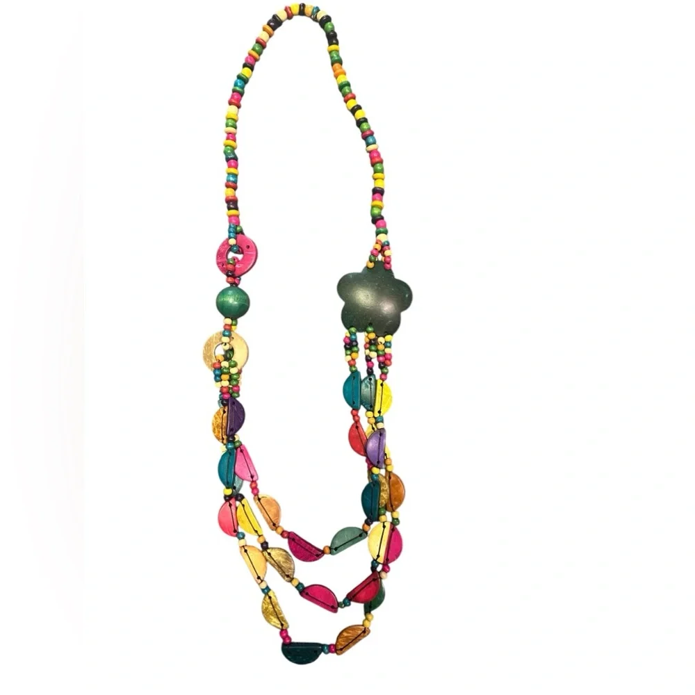 NWT. Hand-Crafted Colorful Wood Beaded Necklace from Sacred Threads. PK/PK - Picture 1 of 1